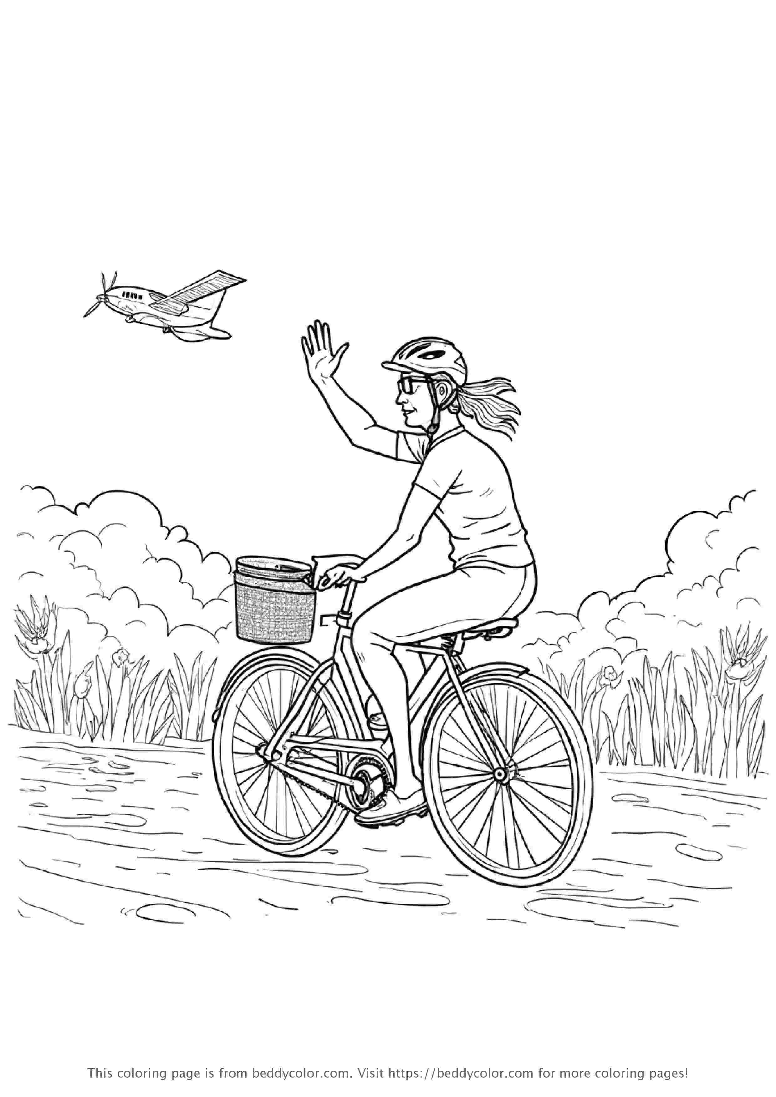 Road Bike Rider Waving at Airplane
